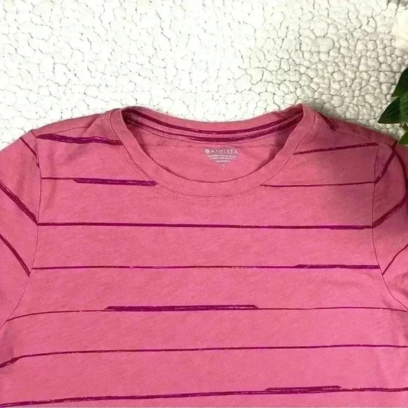Athleta Pink Striped Organic Cotton Short Sleeve Crew Neck Athletic Tee Size S - Picture 2 of 13